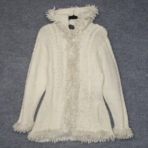 Vintage Sisandina Wool Hooded‎ Cardigan Sweater Womens S Cream Shaggy Fringe Zip